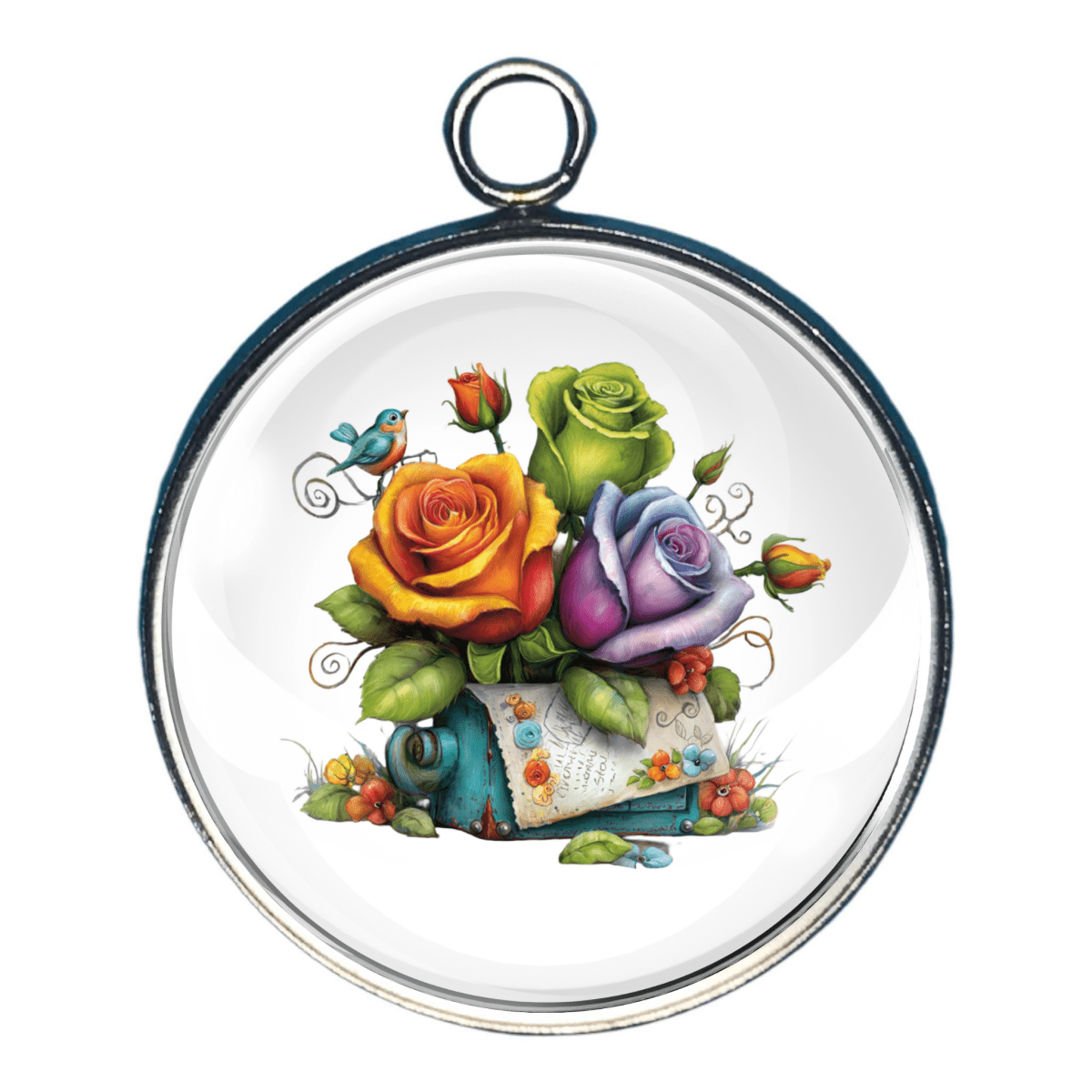 Charm of  colorful roses in a blue small rectangular vase.  