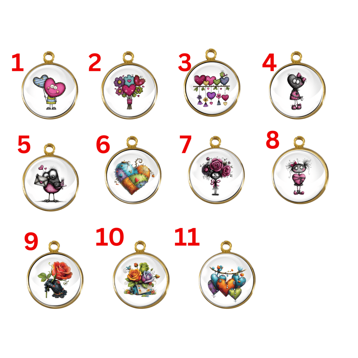 Whimsical Valentine charm collection featuring cute heart and love characters.