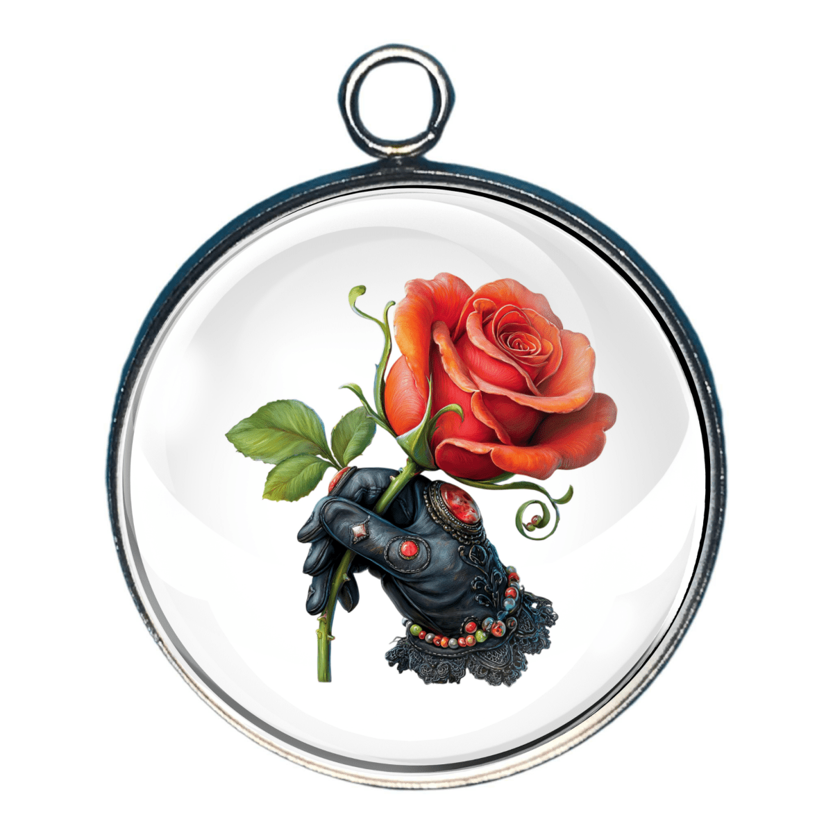 Charm of a black gloved hand holding a red rose.
