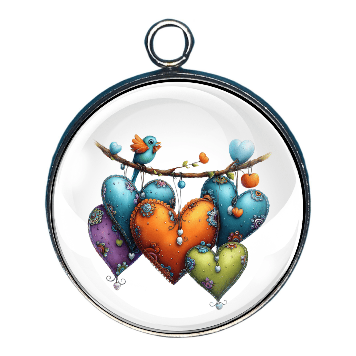 Charm of puffy hearts  and a bird on a branch.