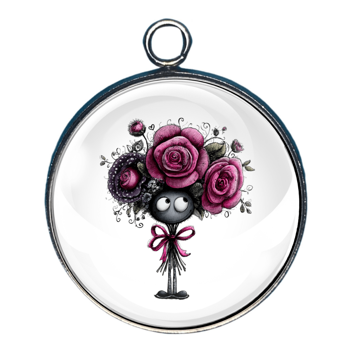 Charm of a whimsical character tied with roses like a bouquet.  