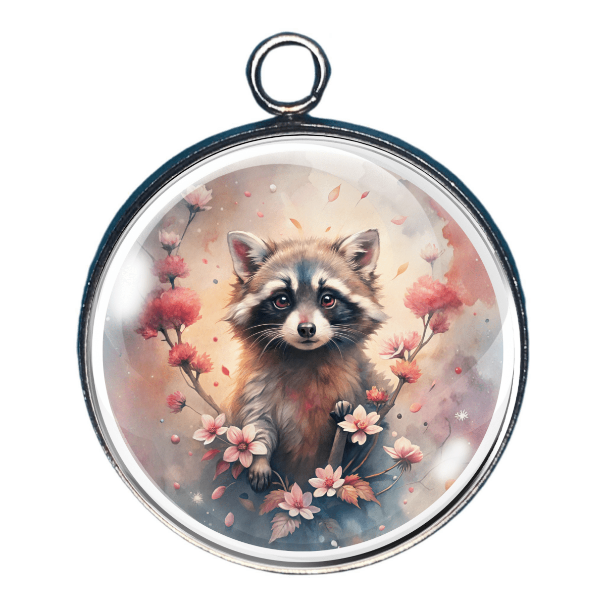 Raccoon surrounded by flowers charm