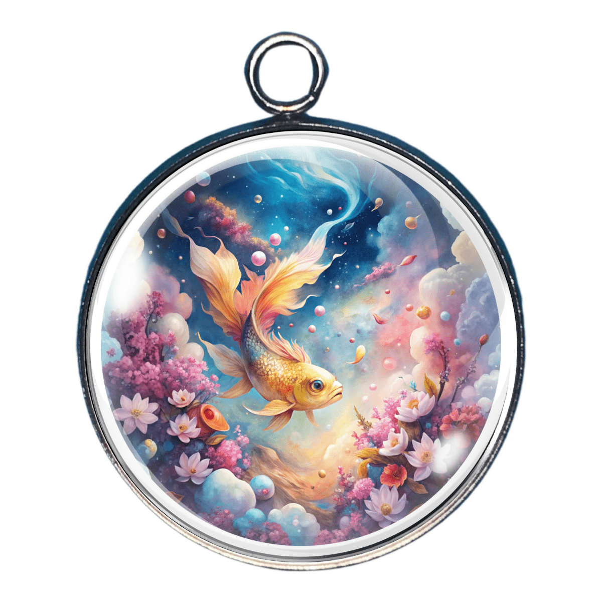 Golden fish swimming among blossoms charm