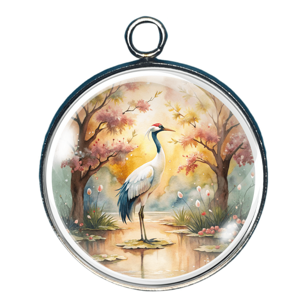 Crane standing in spring pond charm
