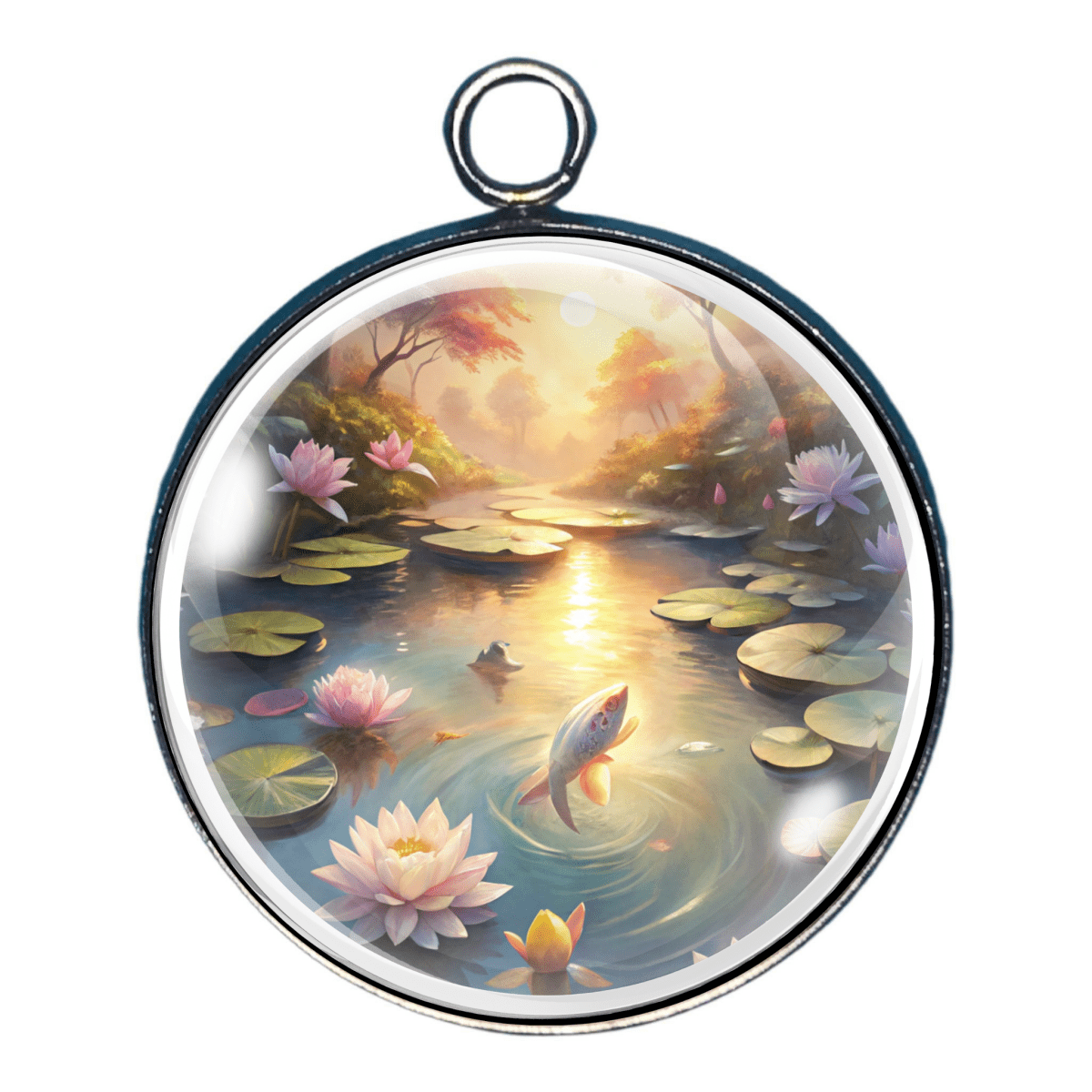 Koi pond with lily pads and sunlight charm