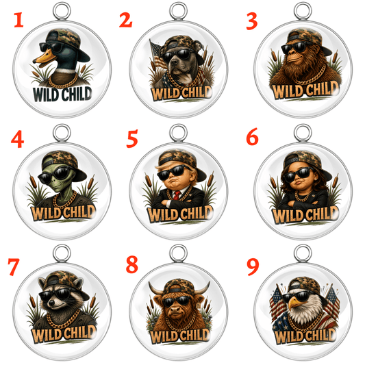 Wild Child Glass Cabochon Charms – Funny Bigfoot, Alien, Eagle, Raccoon, Pit Bull, Highland Cow & Duck Designs