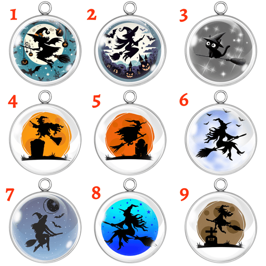 Nine Halloween-themed glass cabochon charms featuring silhouettes of witches, black cats, moons, and spooky graveyard scenes, set in round silver or gold pendants.