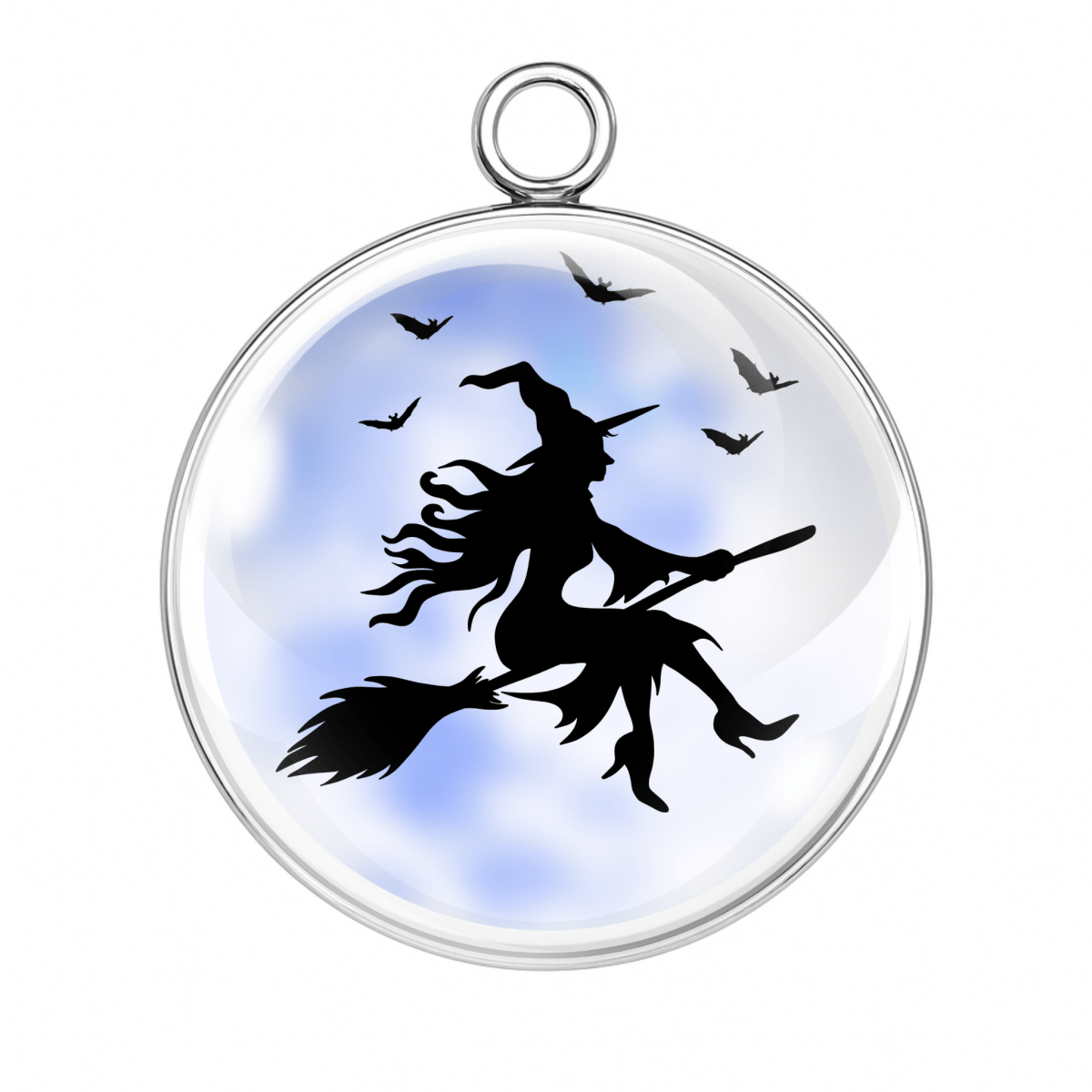 Wind-blown witch riding a broom with birds and blue mist