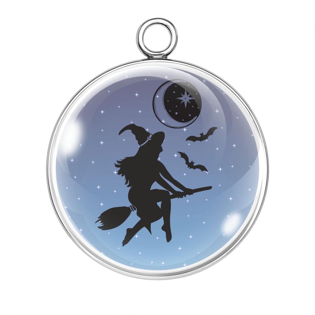 Witch silhouette flying at night under a starry sky & moon