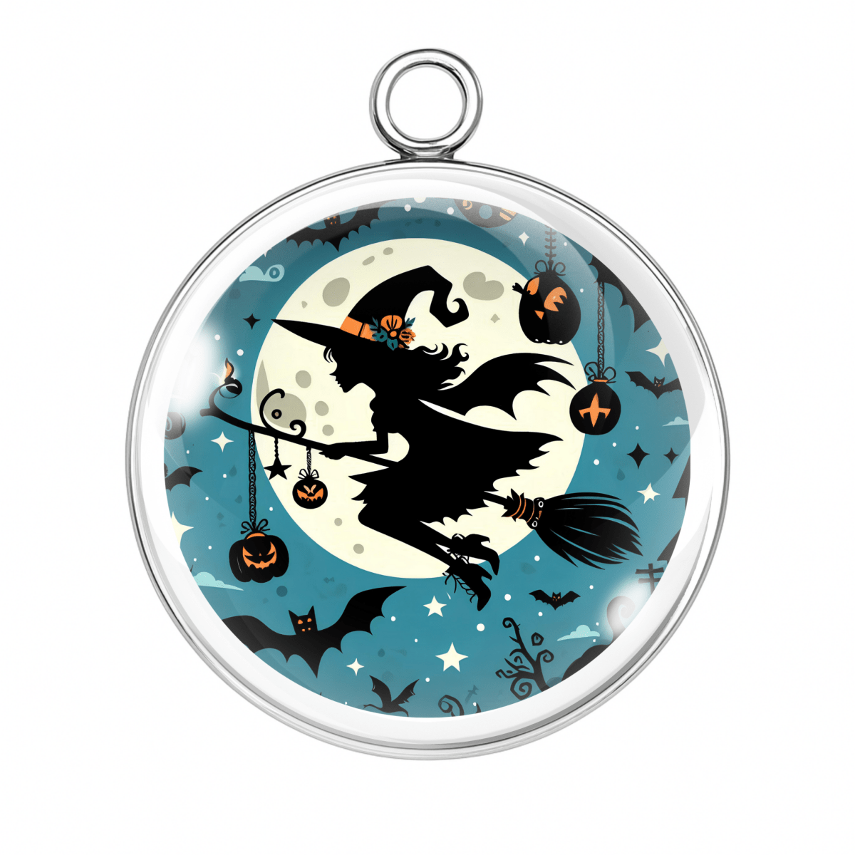 Witch flying across the moon with jack-o’-lanterns, bats & stars
