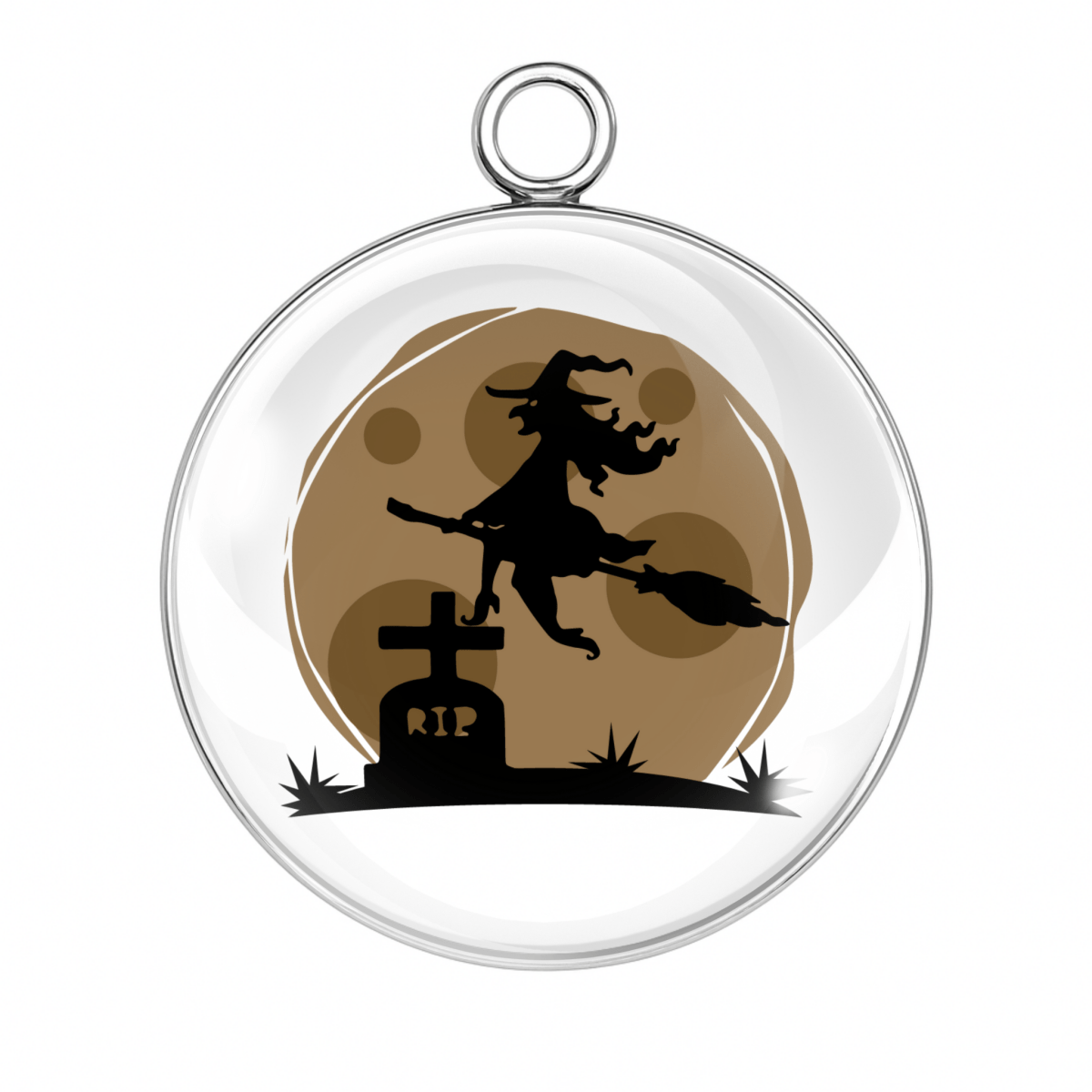 Witch near a tombstone and full brown moon in silhouette