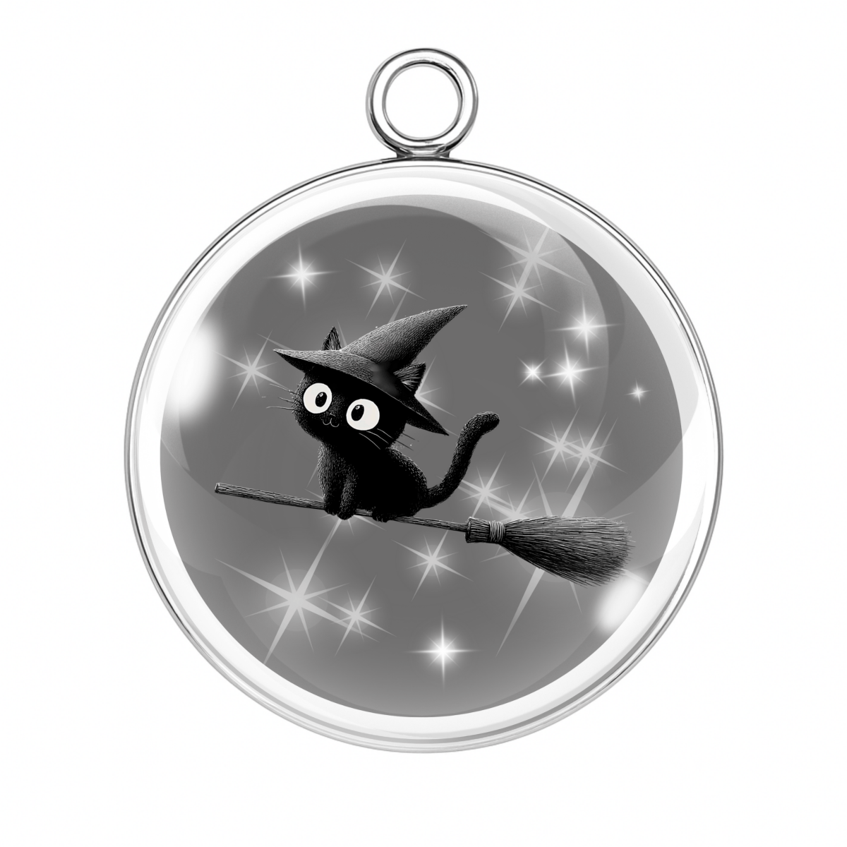 Cute black cat on a broom in a silver glitter sky