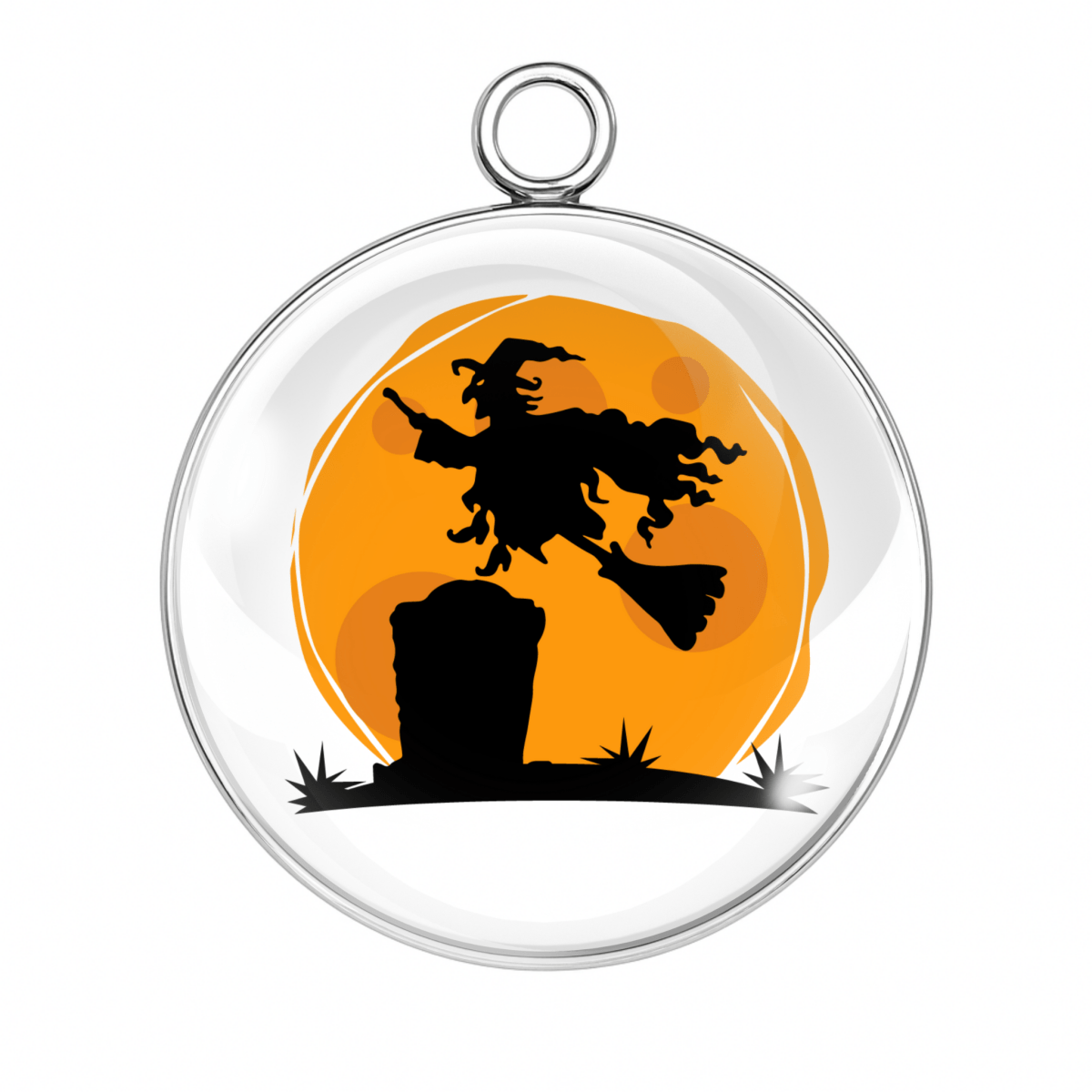 Witch flying over a tombstone with an orange full moon