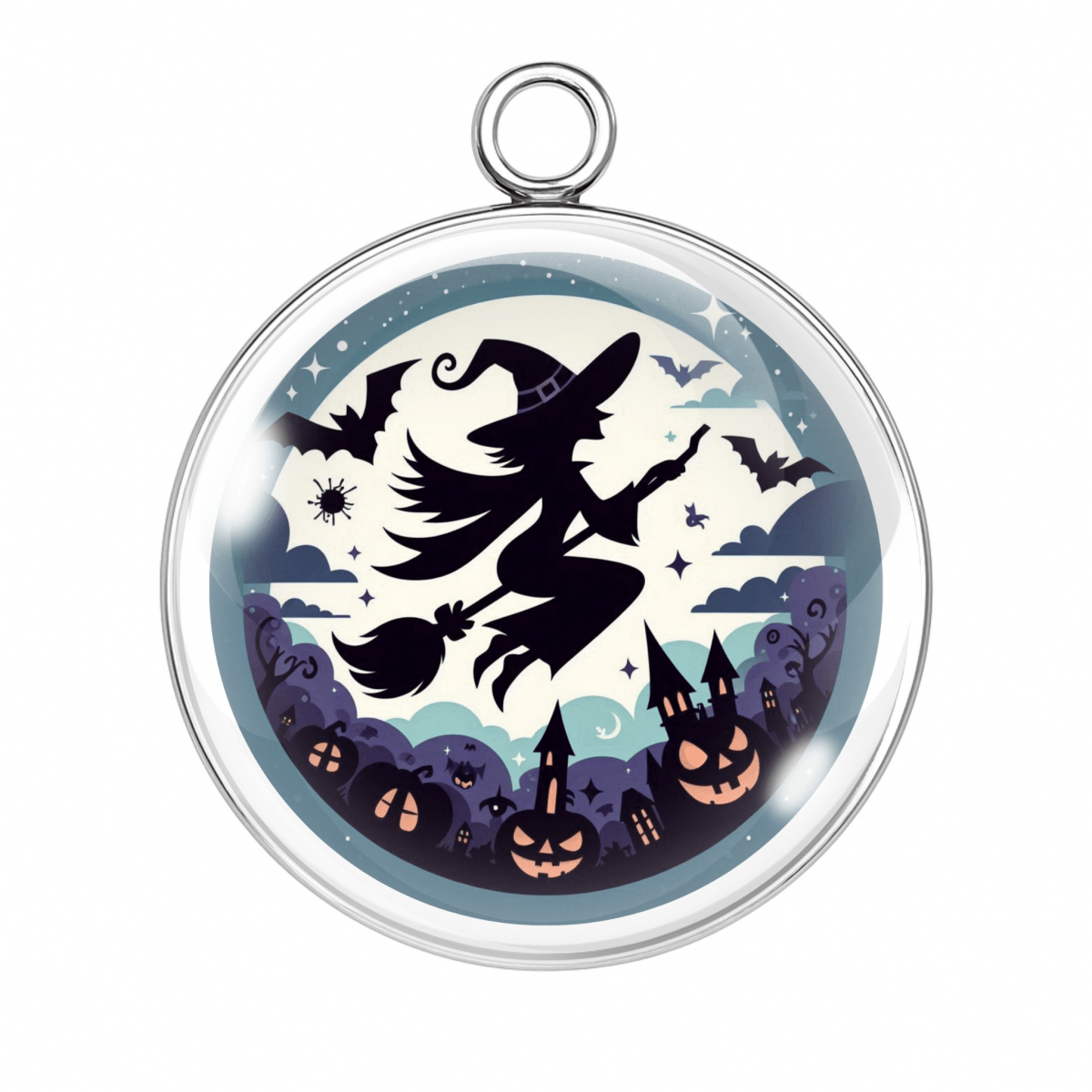 Silhouette witch with pumpkin crowd and purple bat sky