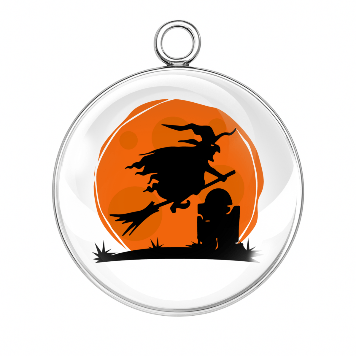 Witch zooming past a grave with a vivid orange backdrop