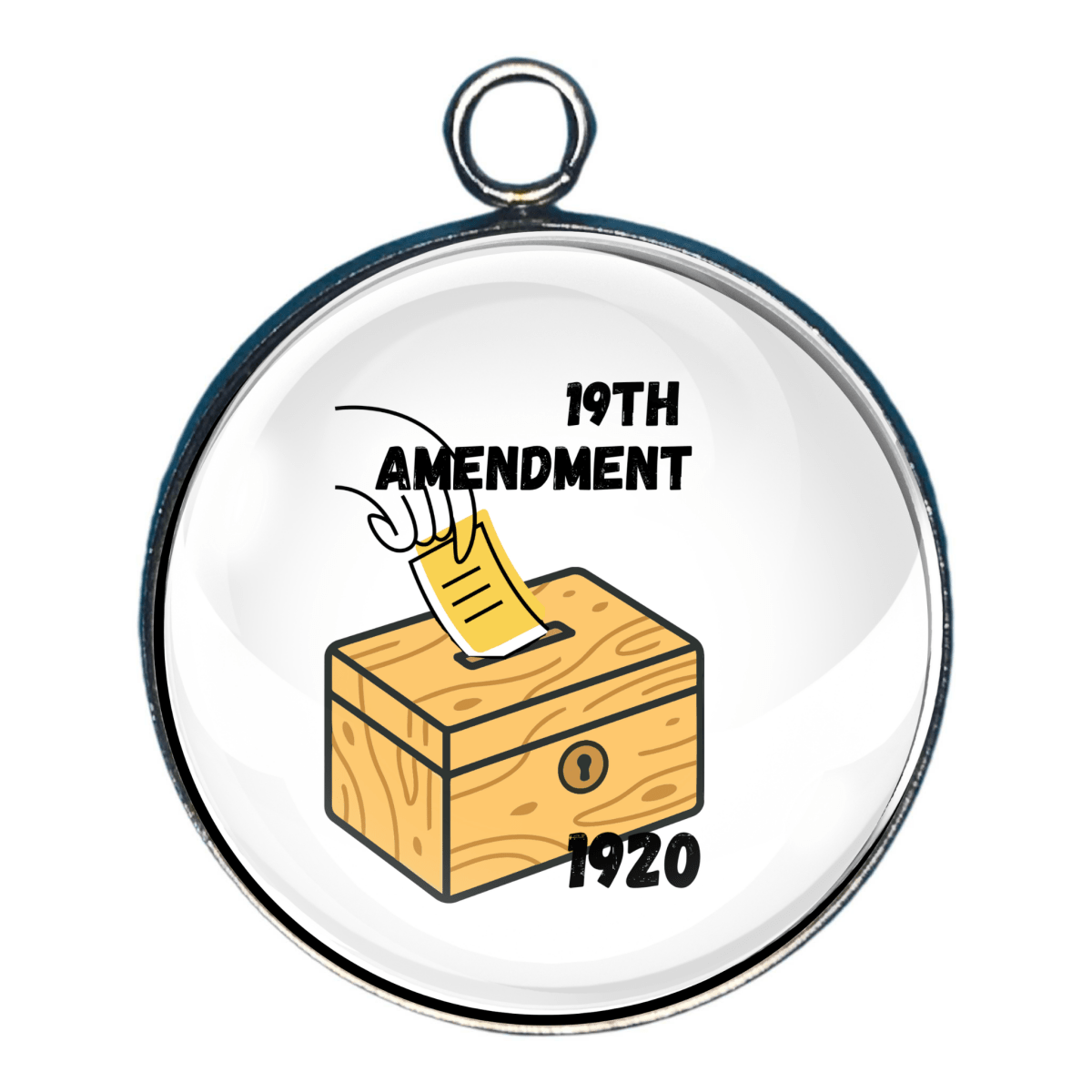 19th Amendment voting rights charm featuring a ballot being cast into a ballot box marked 1920.