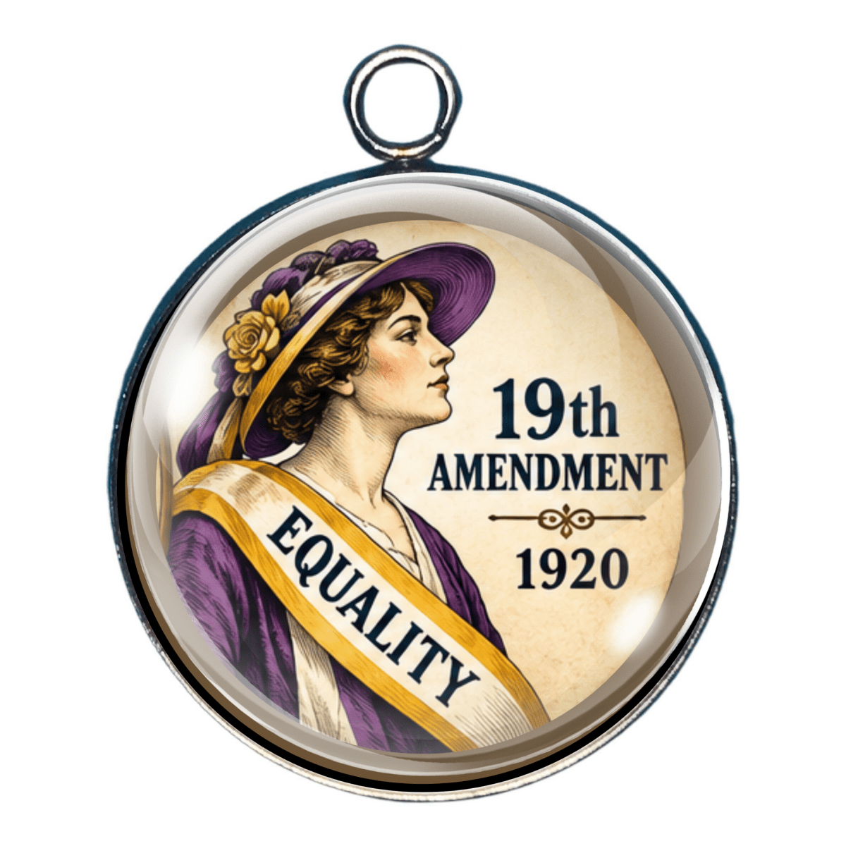19th Amendment charm featuring a suffragist wearing an equality sash and celebrating women's voting rights in 1920.