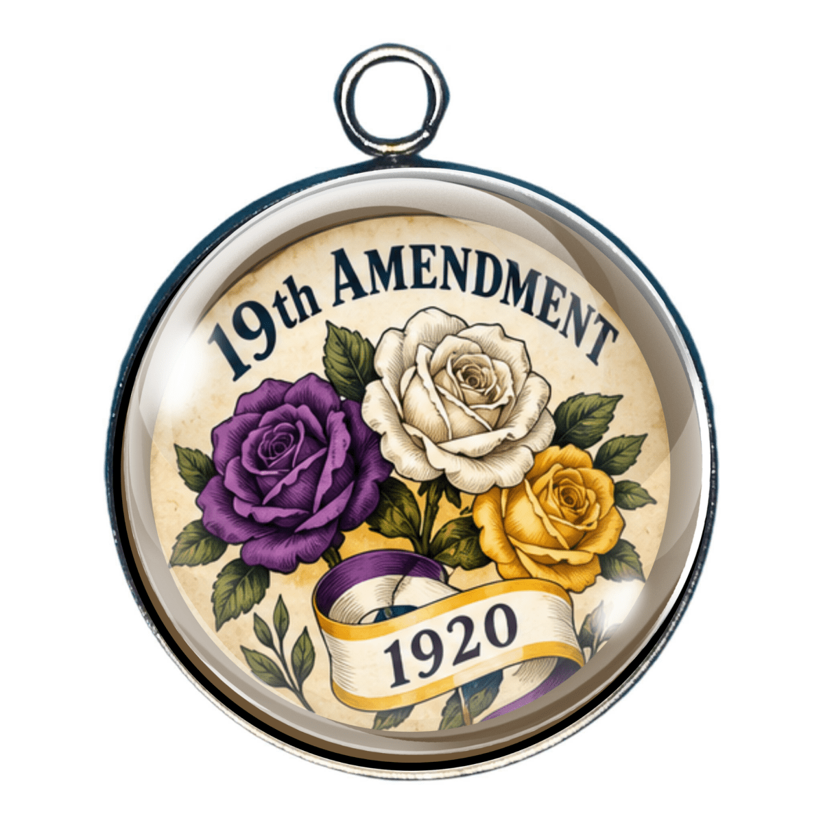 19th Amendment commemorative charm featuring purple, white, and gold roses with a 1920 banner celebrating women's suffrage.