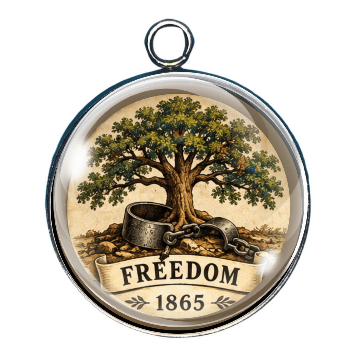 Freedom 1865 historical charm featuring an oak tree growing from broken shackles symbolizing emancipation and the abolition of slavery.