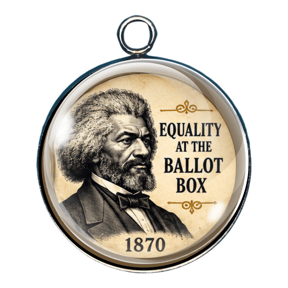 Frederick Douglass portrait charm honoring the abolitionist, author, and advocate for equal voting rights during Reconstruction.