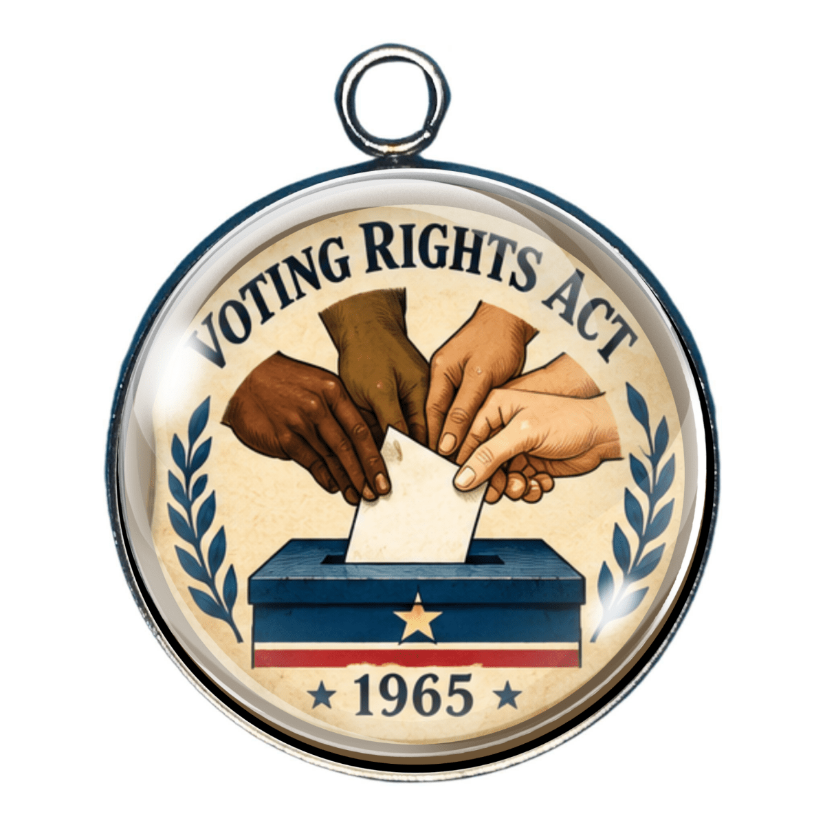 Voting Rights Act of 1965 charm featuring multiple ethnicity hands casting a ballot to symbolize expanded voting rights protections in America.