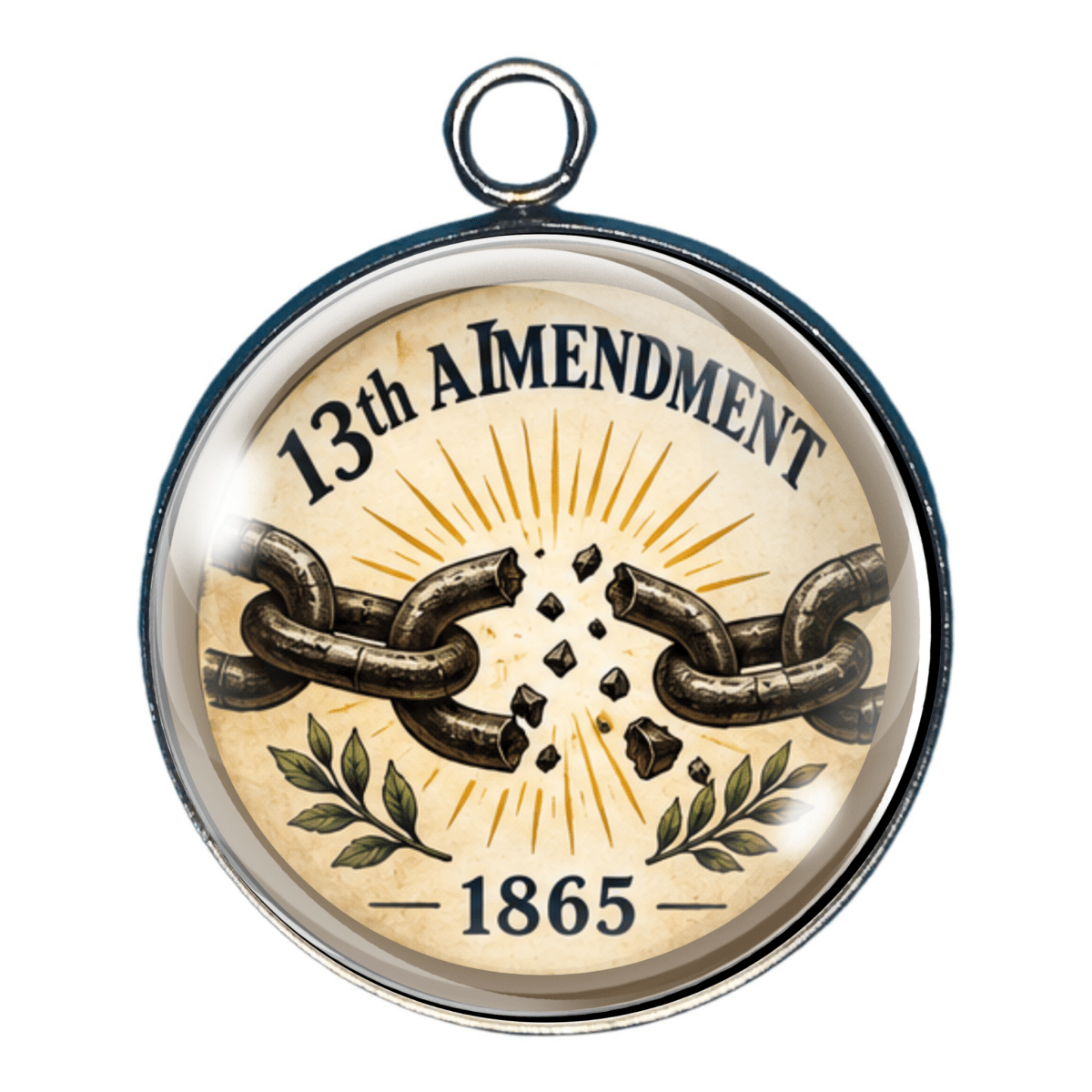 13th Amendment history charm featuring broken chains and the year 1865 representing the constitutional abolition of slavery.