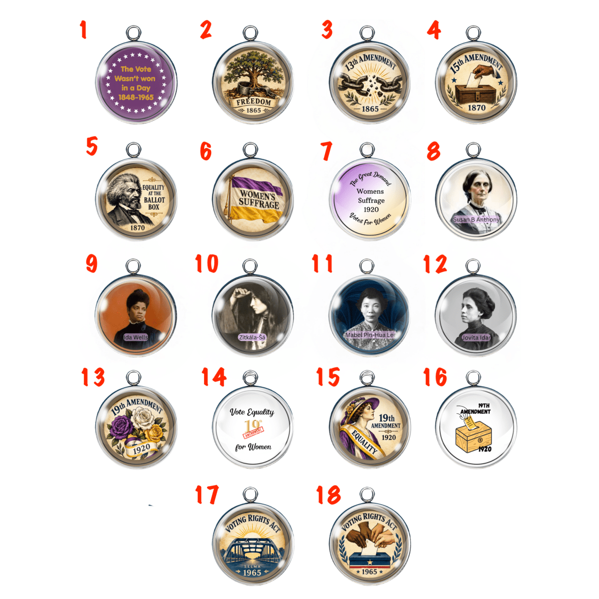 Collection of 18 women's suffrage and voting rights history glass cabochon charms featuring the 13th Amendment, 15th Amendment, 19th Amendment, Voting Rights Act of 1965, Frederick Douglass, Susan B. Anthony, Ida B. Wells, Zitkála-Šá, Mabel Ping-Hua Lee, Jovita Idar, suffrage symbols, and historical voting rights artwork.