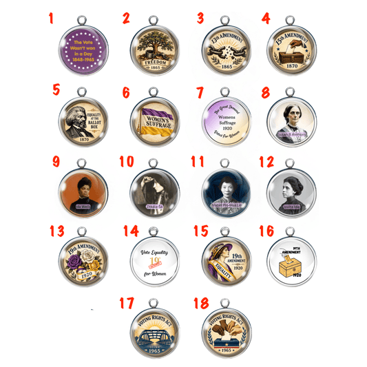 Collection of 18 women's suffrage and voting rights history glass cabochon charms featuring the 13th Amendment, 15th Amendment, 19th Amendment, Voting Rights Act of 1965, Frederick Douglass, Susan B. Anthony, Ida B. Wells, Zitkála-Šá, Mabel Ping-Hua Lee, Jovita Idar, suffrage symbols, and historical voting rights artwork.