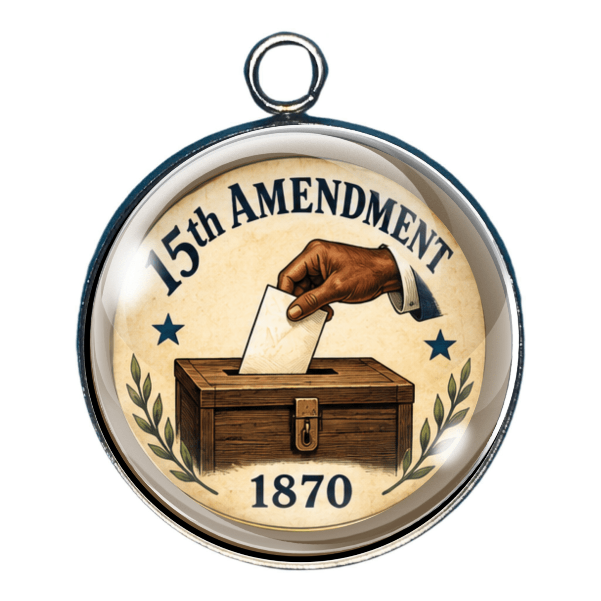 15th Amendment voting rights charm featuring a ballot box and the year 1870 representing voting rights regardless of race.
