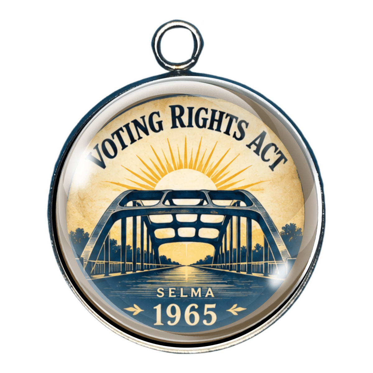 Voting Rights Act history charm featuring the Selma bridge and the year 1965 commemorating federal voting rights protections.