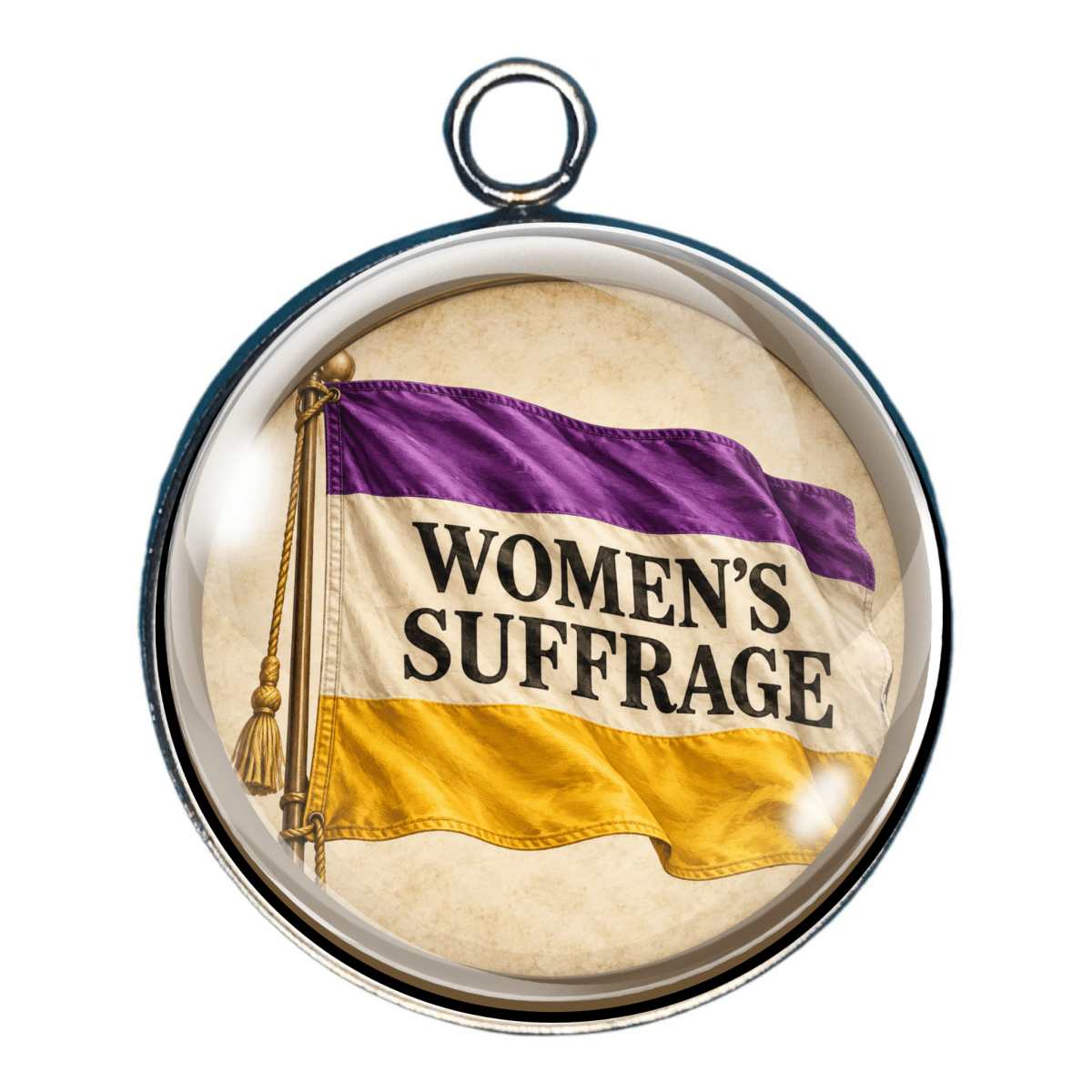 Women's Suffrage flag charm featuring a purple, white, and gold banner representing the historic suffrage movement.