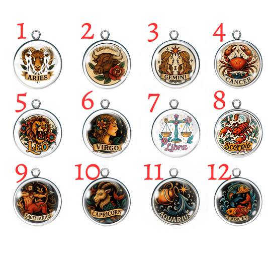 Zodiac Tattoo Charms – Bold, Celestial Astrology Cabochon Pendants