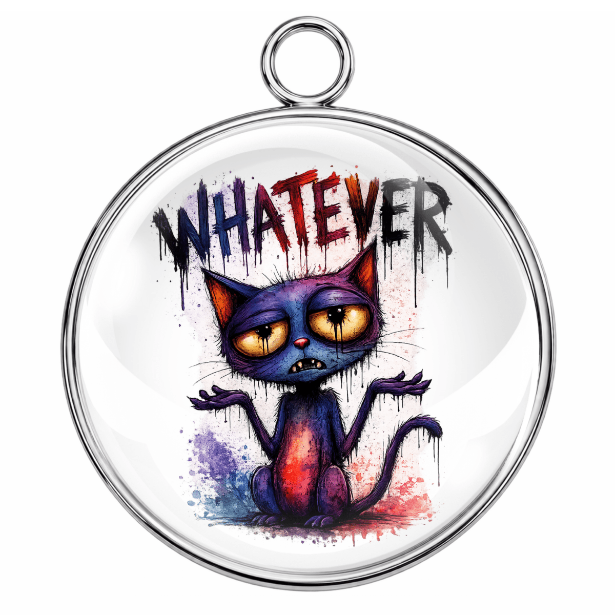 Circular pendant with a cartoon cat and 'WHATEVER' text on a white background