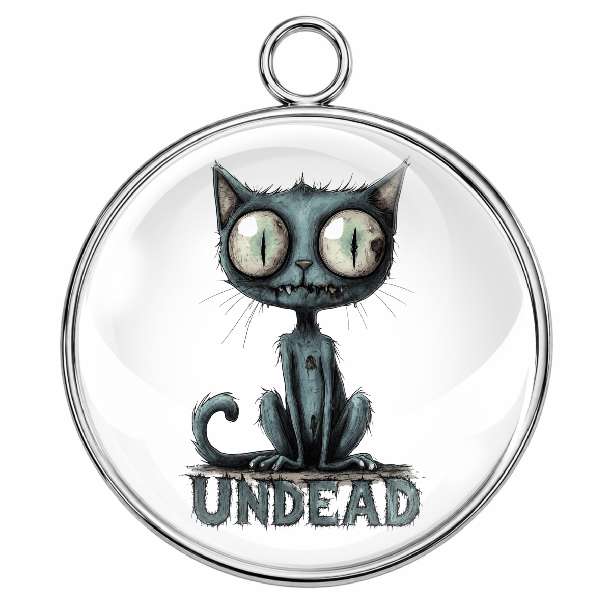 Circular pendant with a cat illustration labeled 'Undead' on a white background
