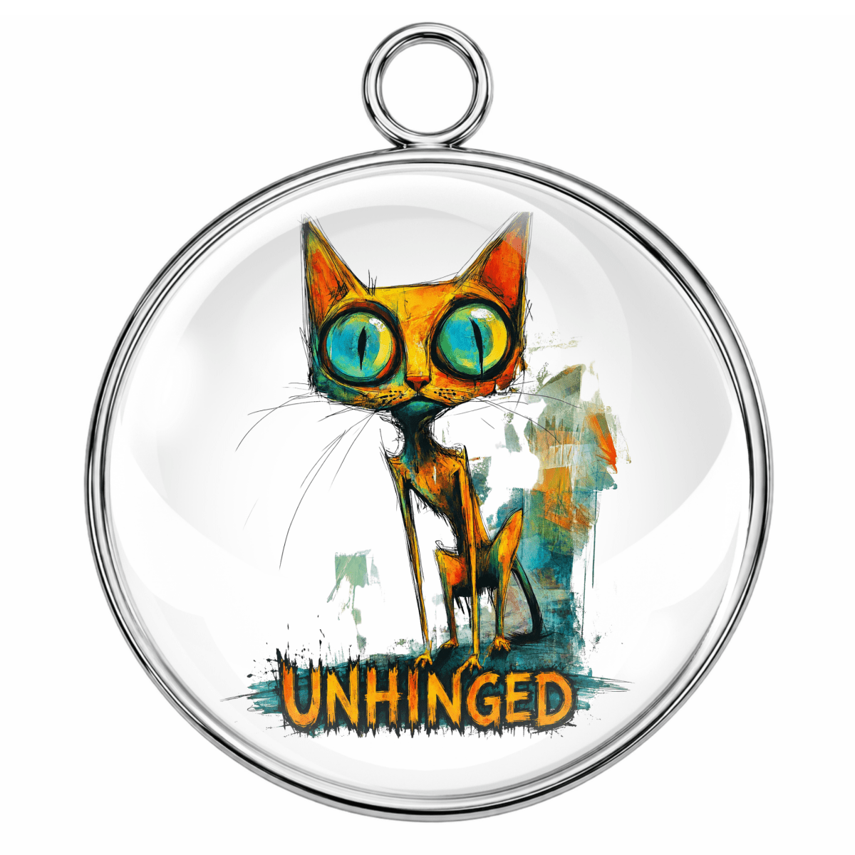 Round pendant with a colorful cat illustration and 'UNHINGED' text on a white background