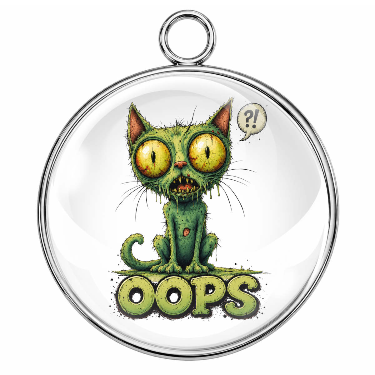 Circular pendant with a cartoonish green cat character saying 'Oops' on a white background