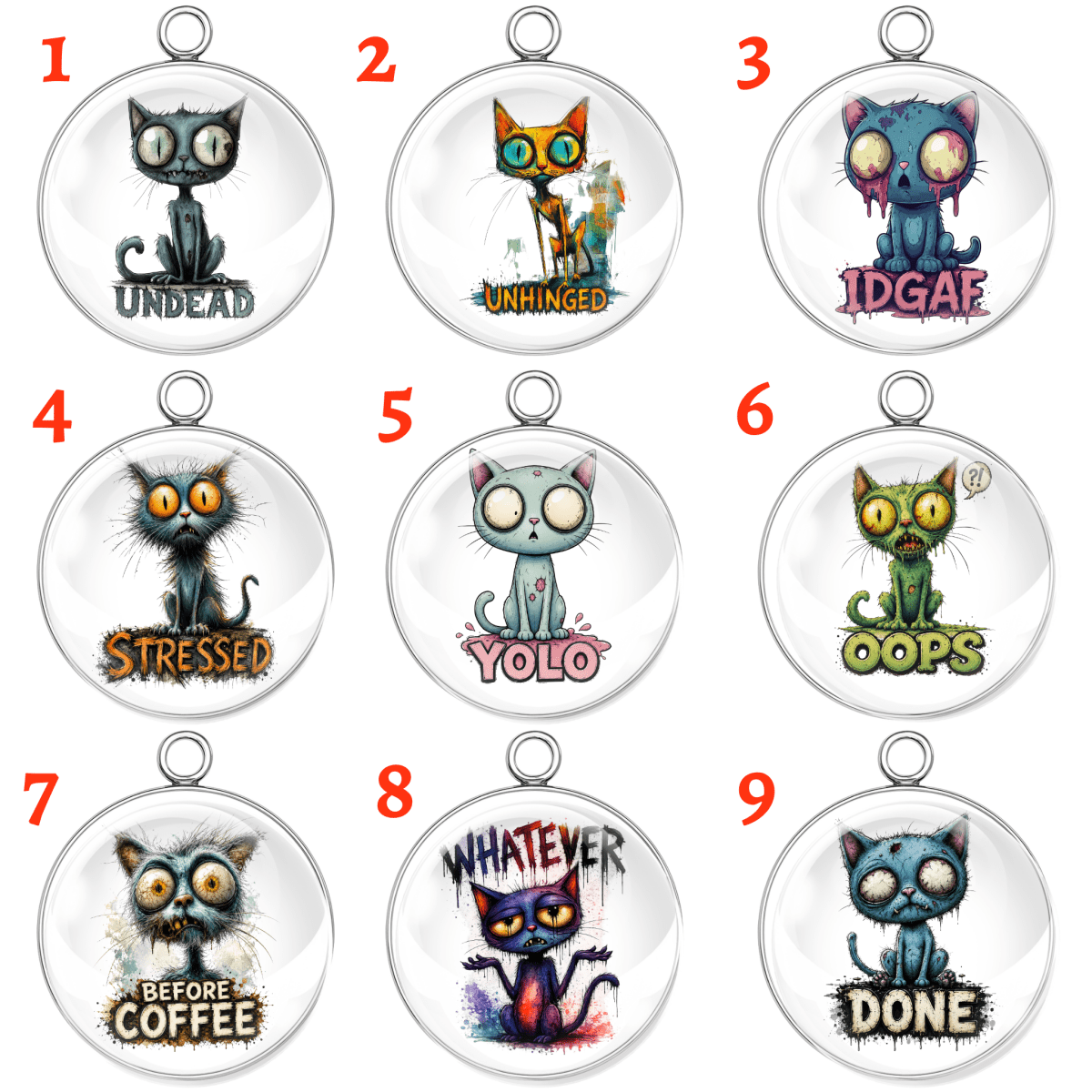 Nine cat-themed pendants with humorous text labels on a white background