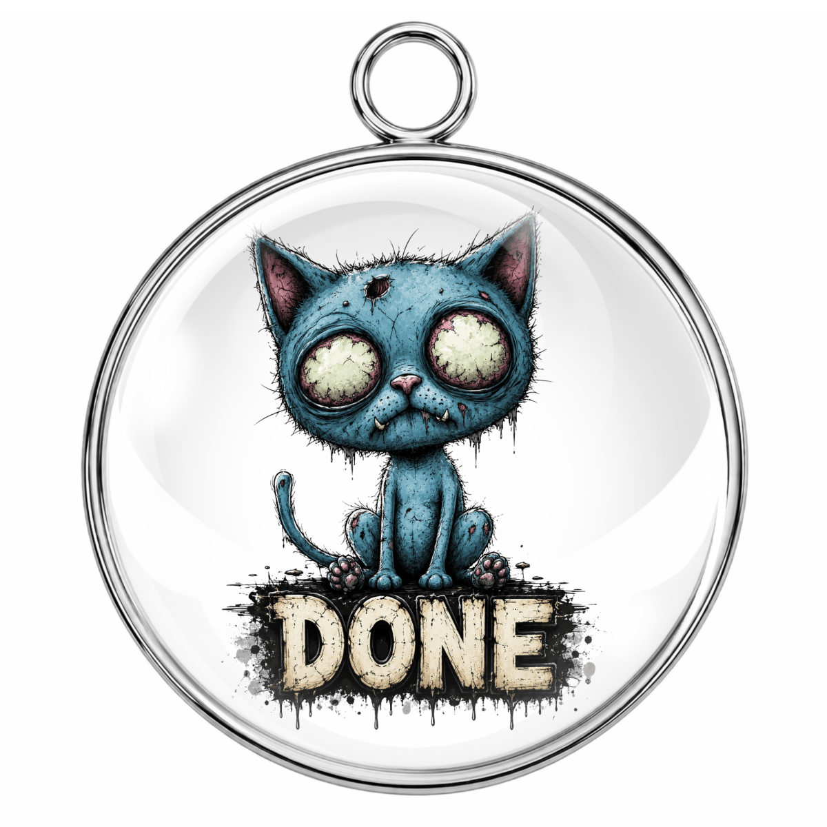 Circular pendant with a blue cat illustration and 'DONE' text on a white background