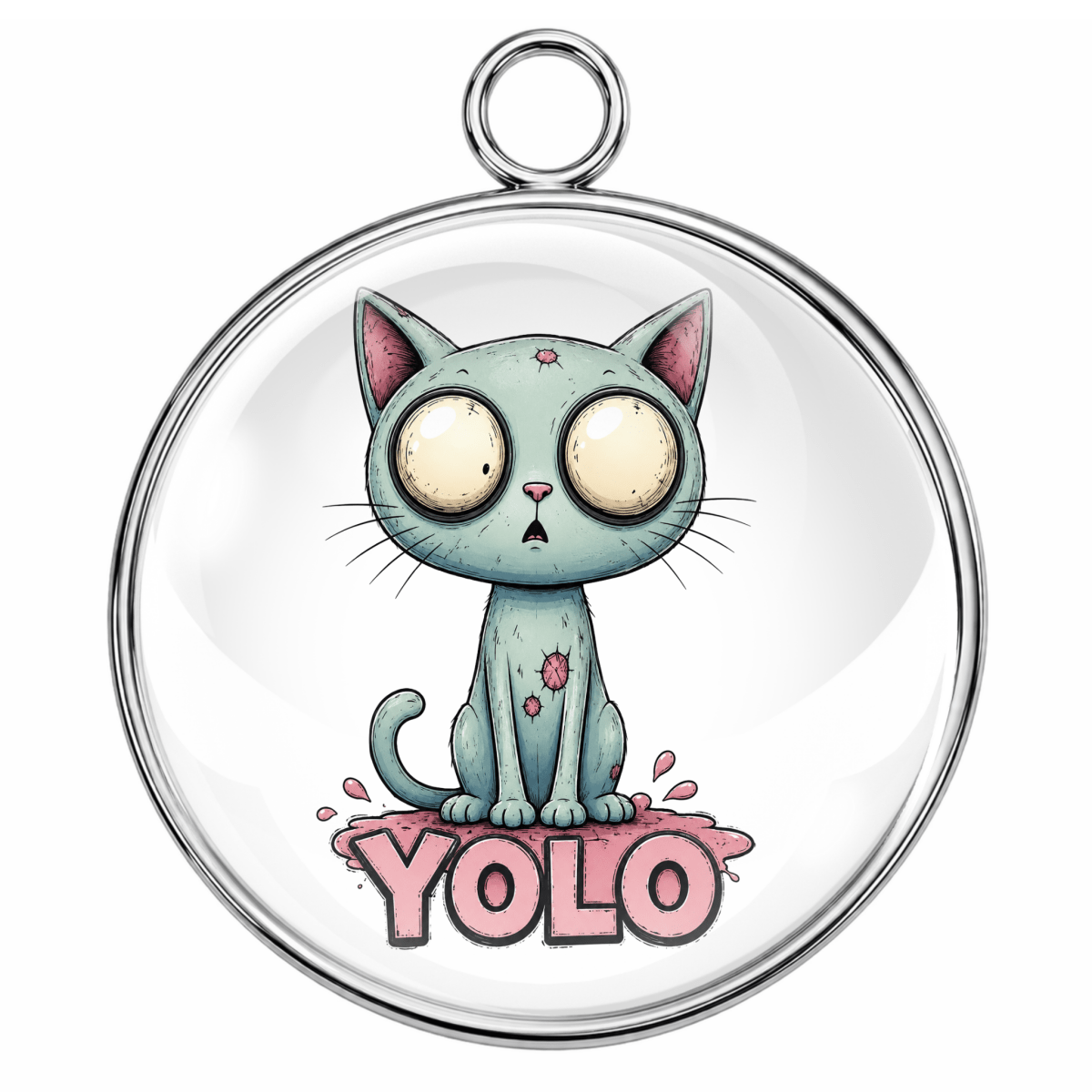 Circular pendant with a cartoon cat and 'YOLO' text on a white background