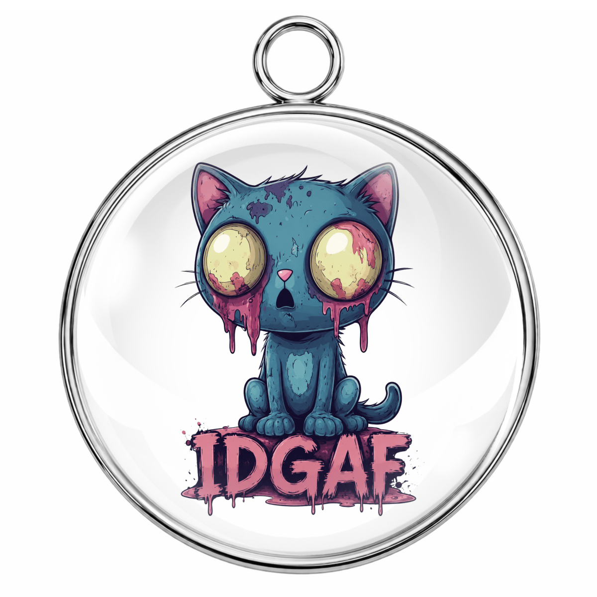 Circular pendant with a cartoon cat and 'IDGAF' text on a white background
