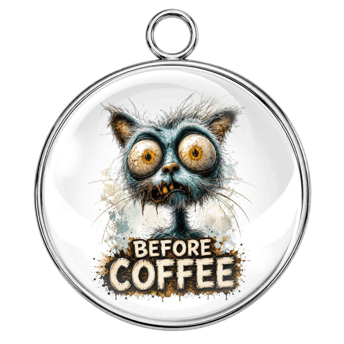 Circular pendant with a cartoon cat face and 'Before Coffee' text on a white background