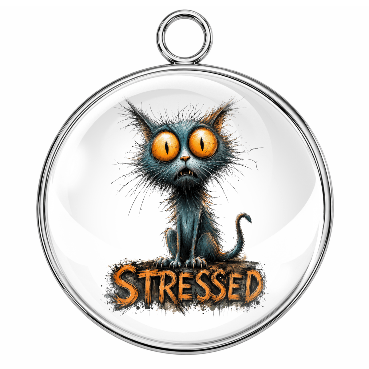 Circular pendant with a cartoon cat illustration labeled 'Stressed' on a white background