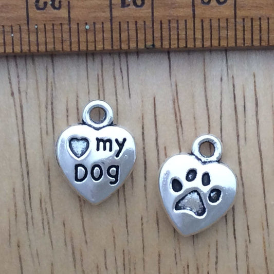 2 tibetan silver love my dog heart charms