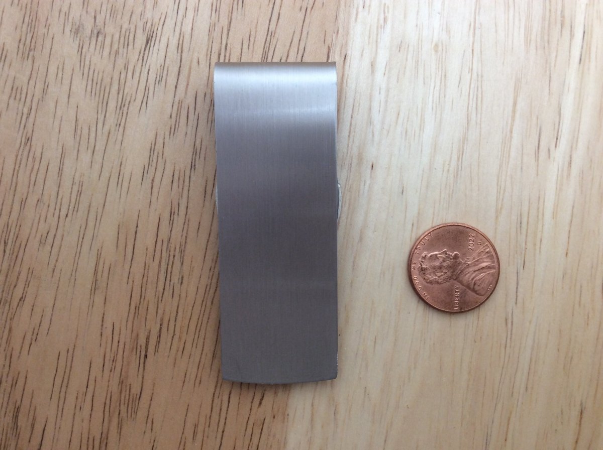 stainless steel money clip with a abalone setting, back view