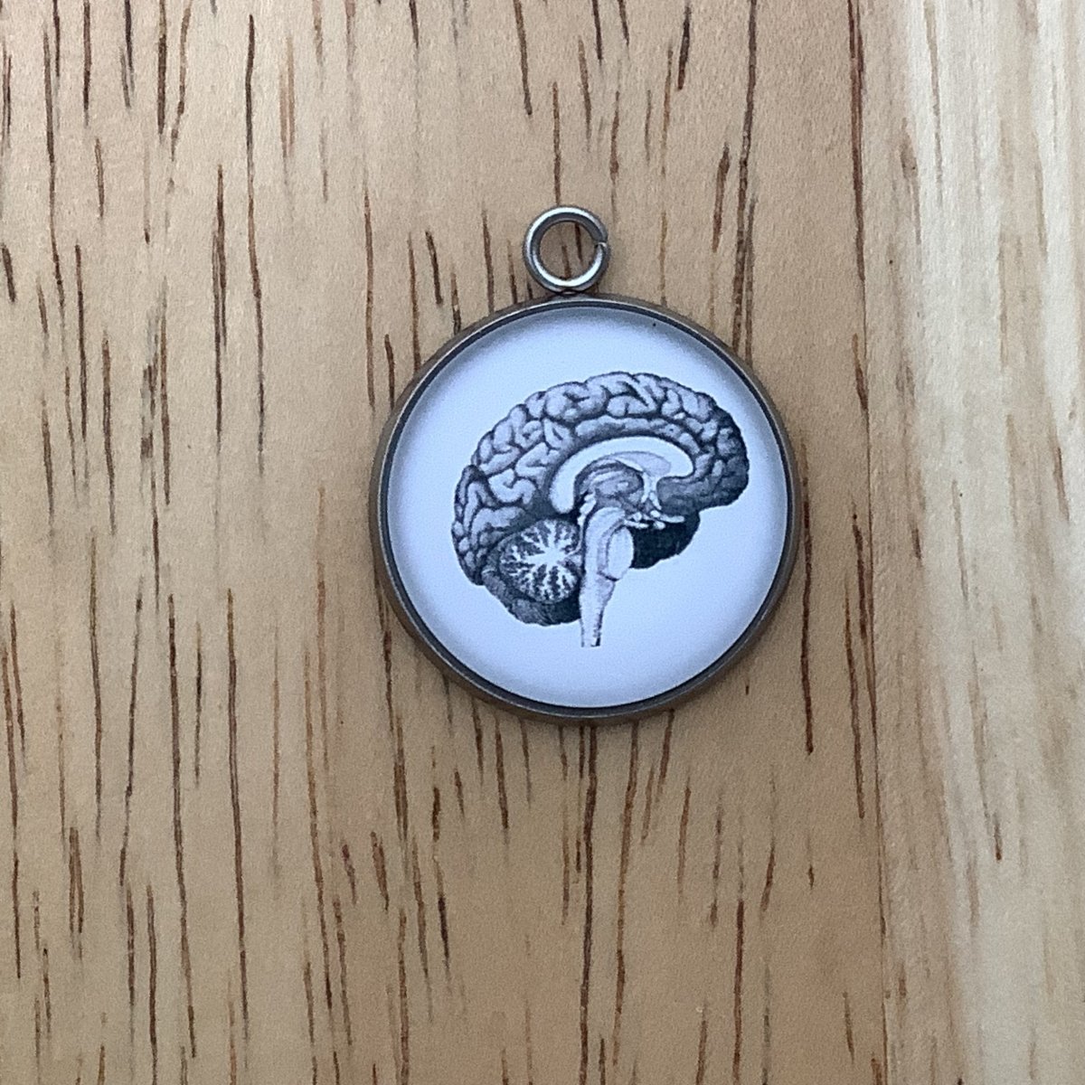 a charm featuring a drawing of the human brain