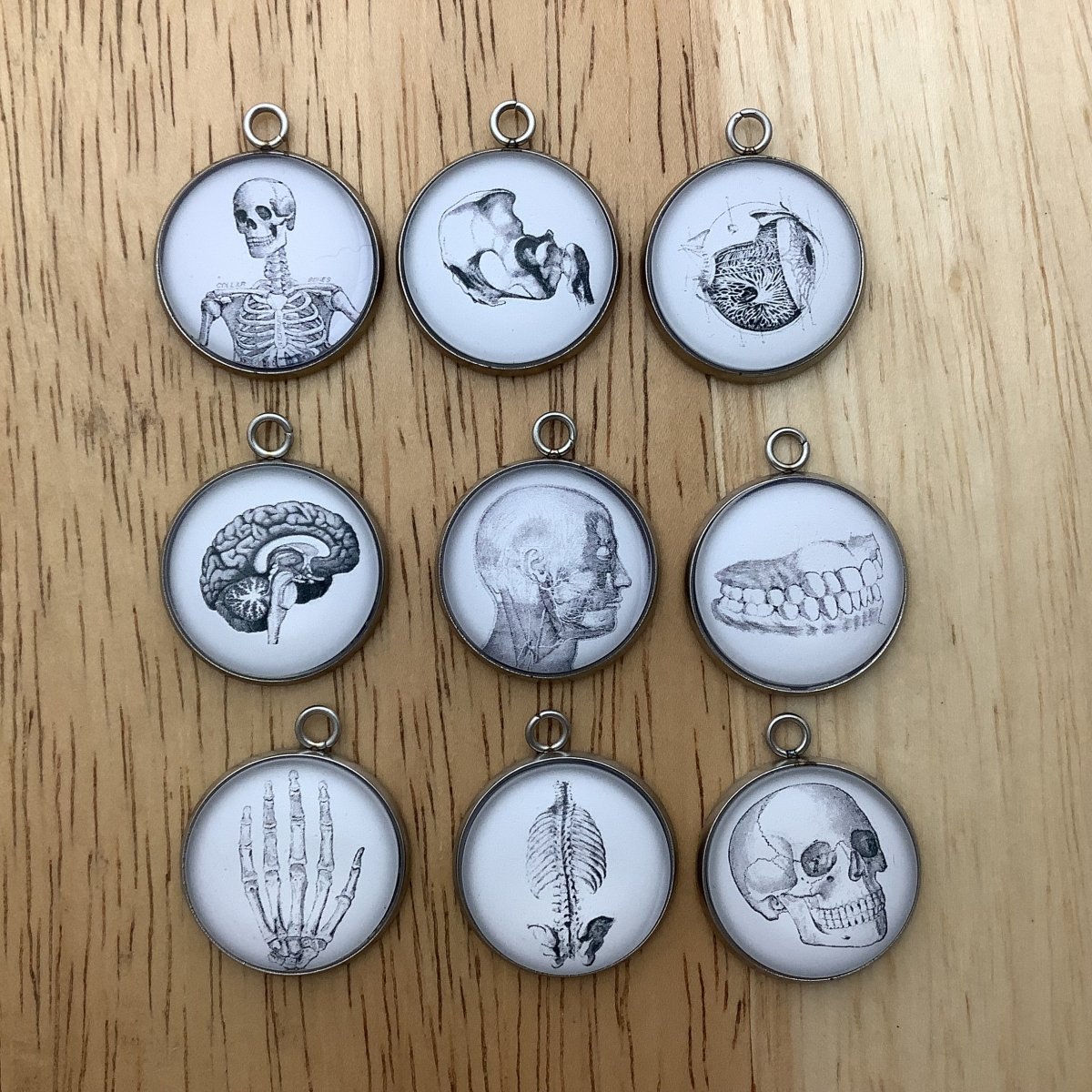 group of 9 charms featuring anatomy of the human body drawings