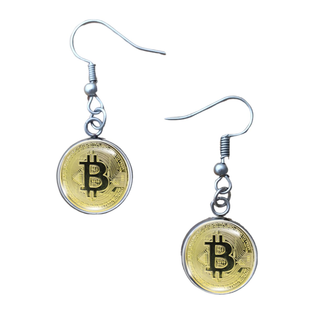 pair of 14mm glass cabochon bitcoin fishhook earrings