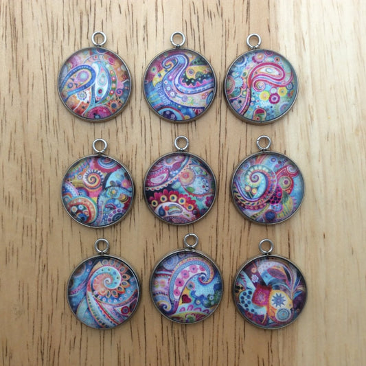 9 bohemian pattern glass cabochon charms