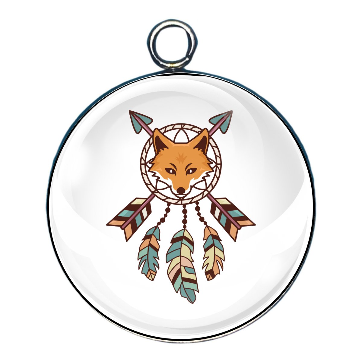 charm of a dreamcatcher featuring a a fox head and two arrows.