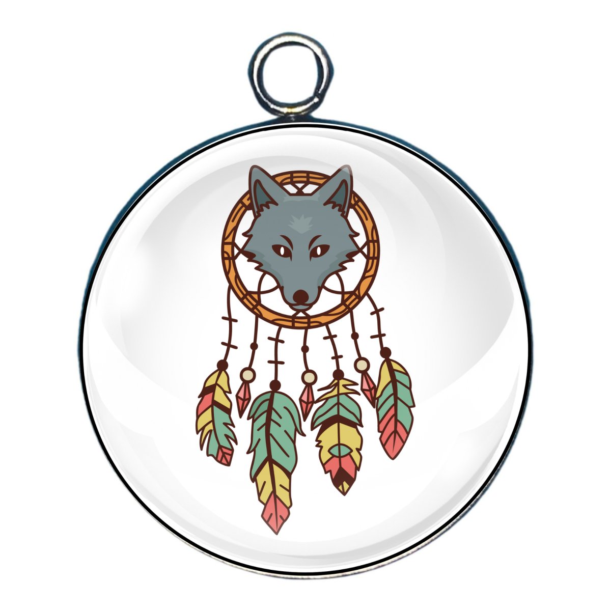 charm of a dreamcatcher with the hed of a grey wolf